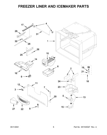 Freezer liner and icemaker parts