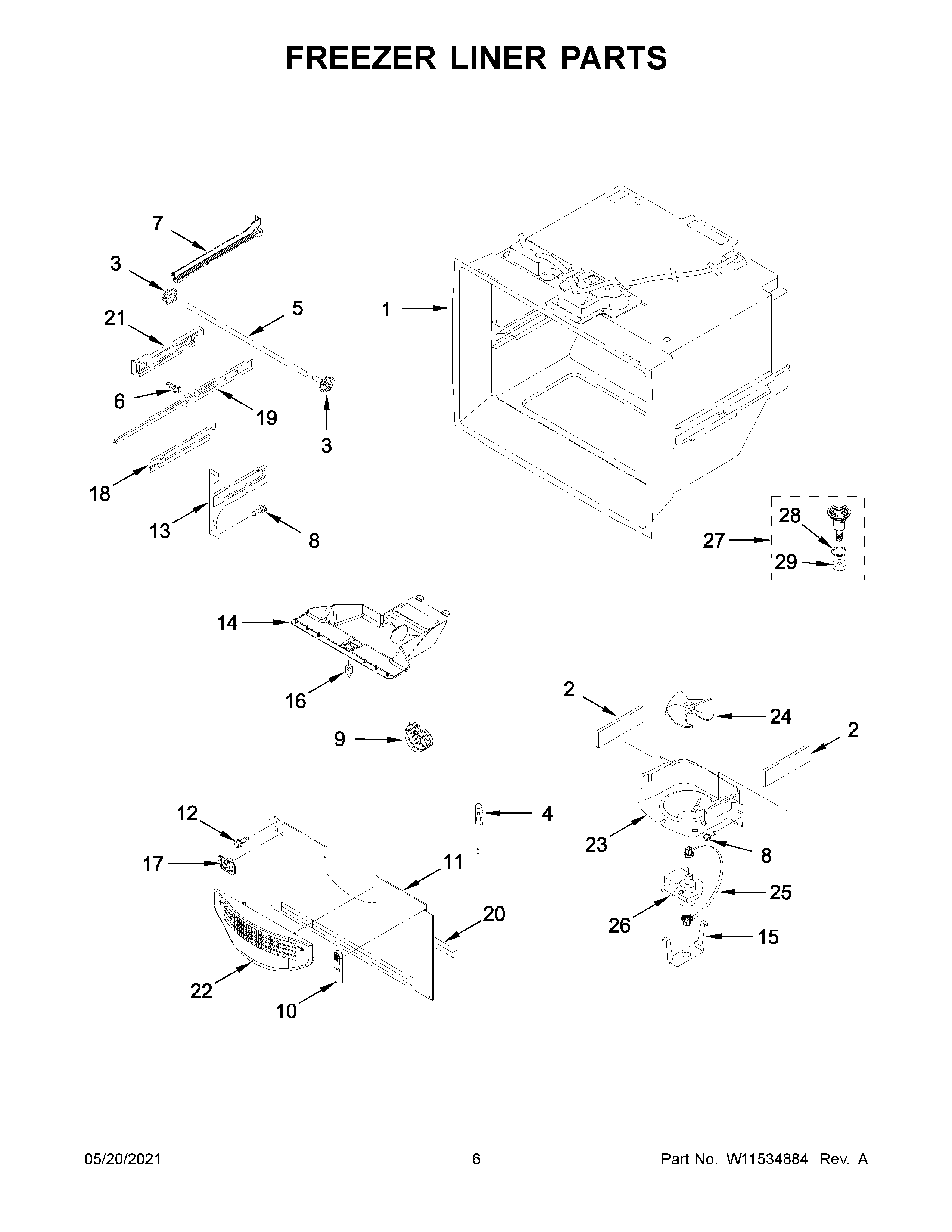 Freezer liner and icemaker parts