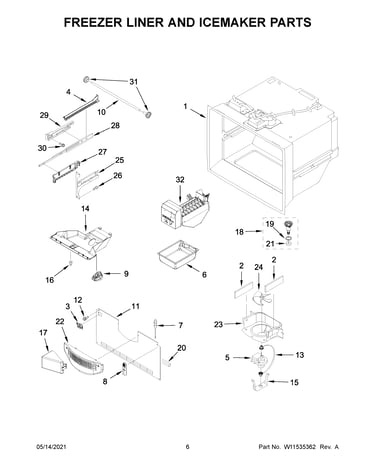 Freezer liner and icemaker parts
