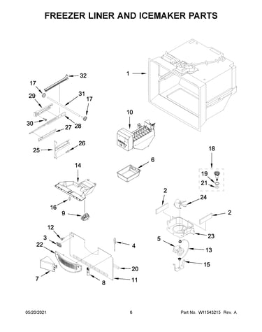 Freezer liner and icemaker parts