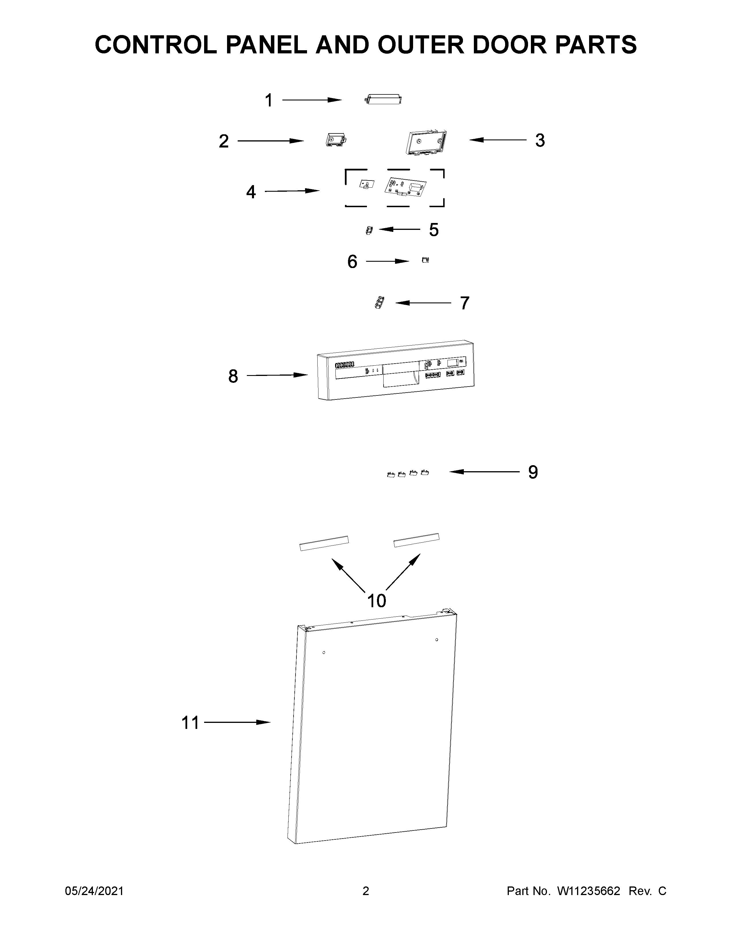 Control panel and outer door parts