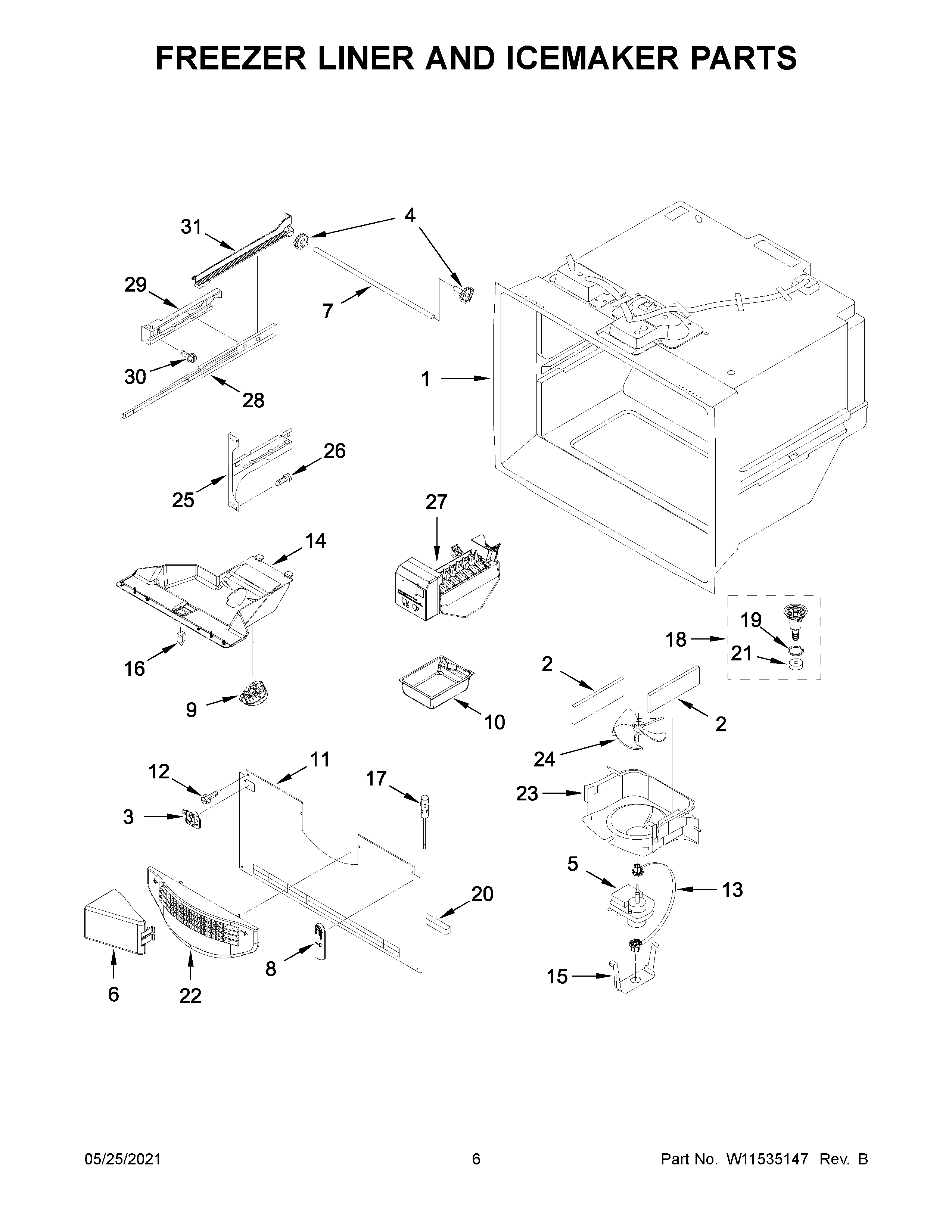 Freezer liner and icemaker parts