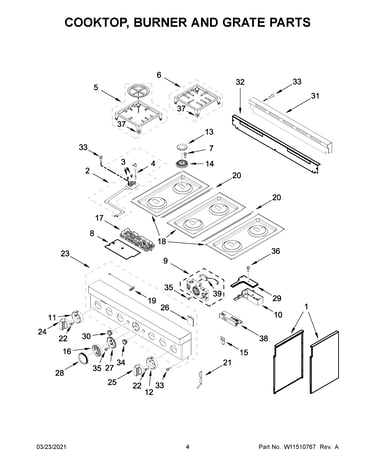 Cooktop, burner and grate parts