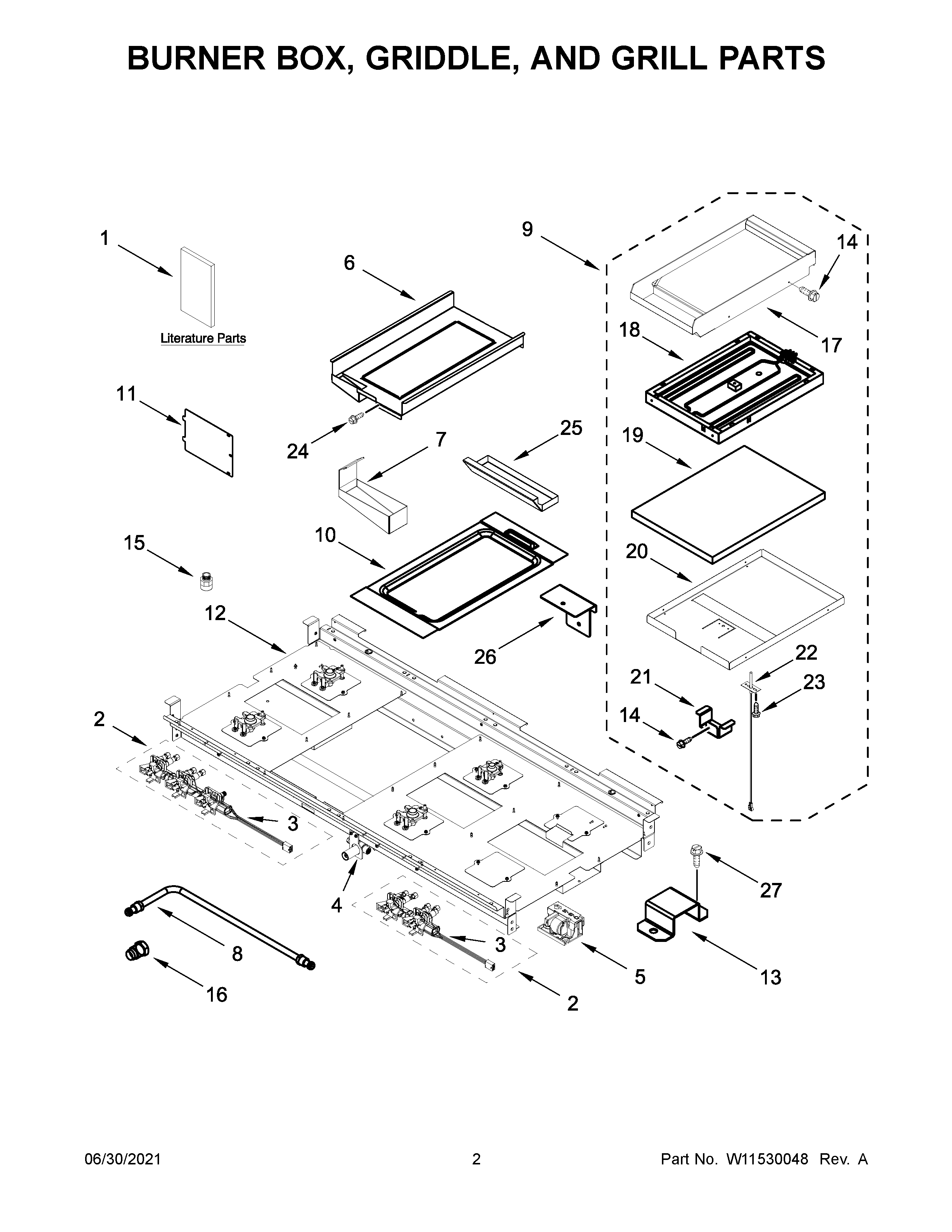 Burner box, griddle, and grill parts