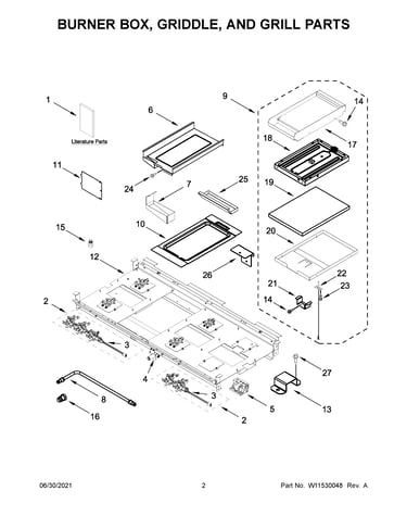Burner box, griddle, and grill parts