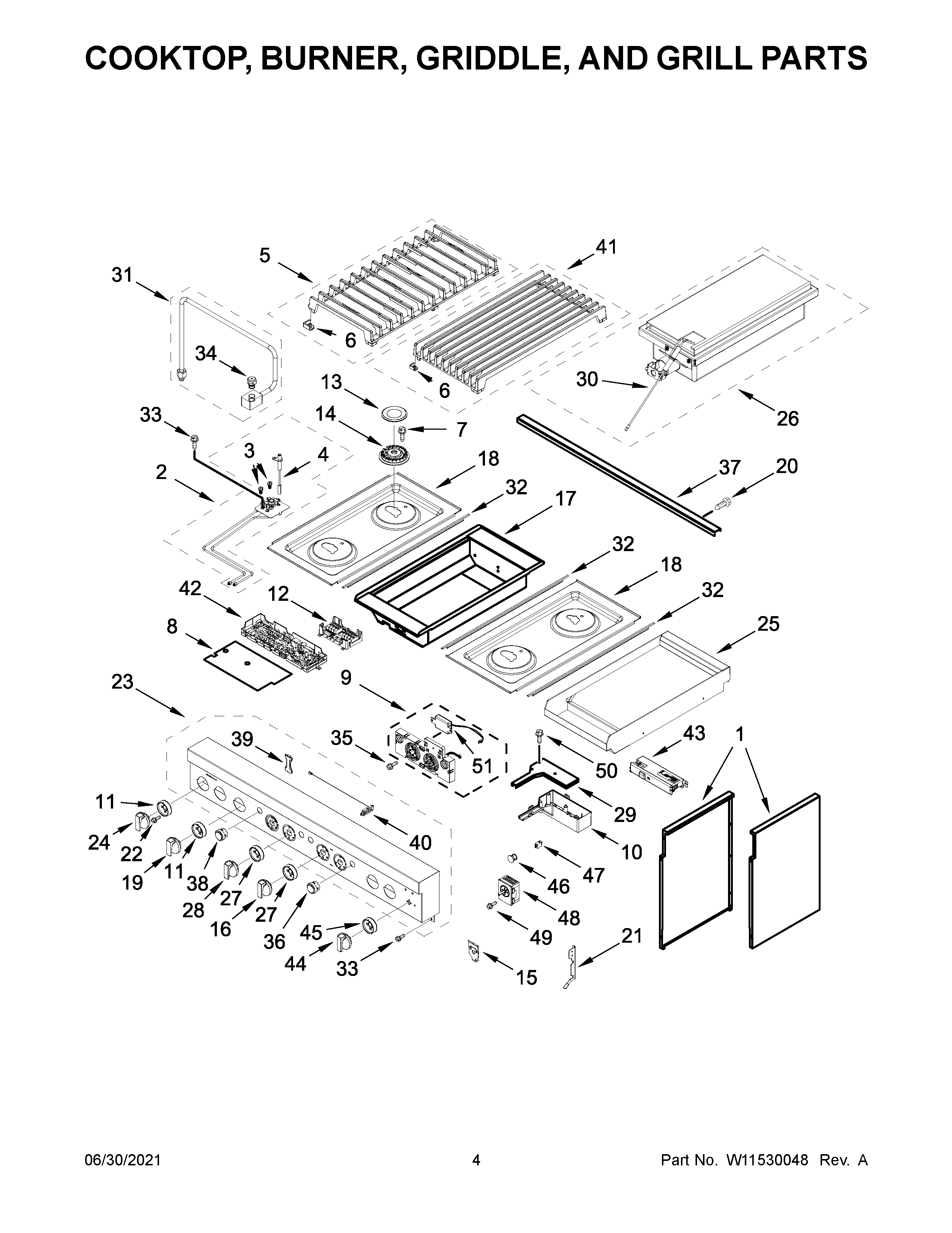 Cooktop, burner, griddle, and grill parts