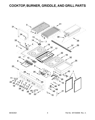 Cooktop, burner, griddle, and grill parts