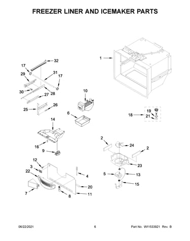 Freezer liner and icemaker parts