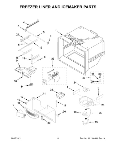Freezer liner and icemaker parts