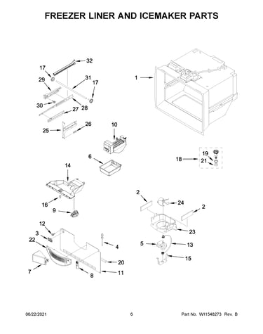 Freezer liner and icemaker parts