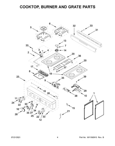 Cooktop, burner and grate parts