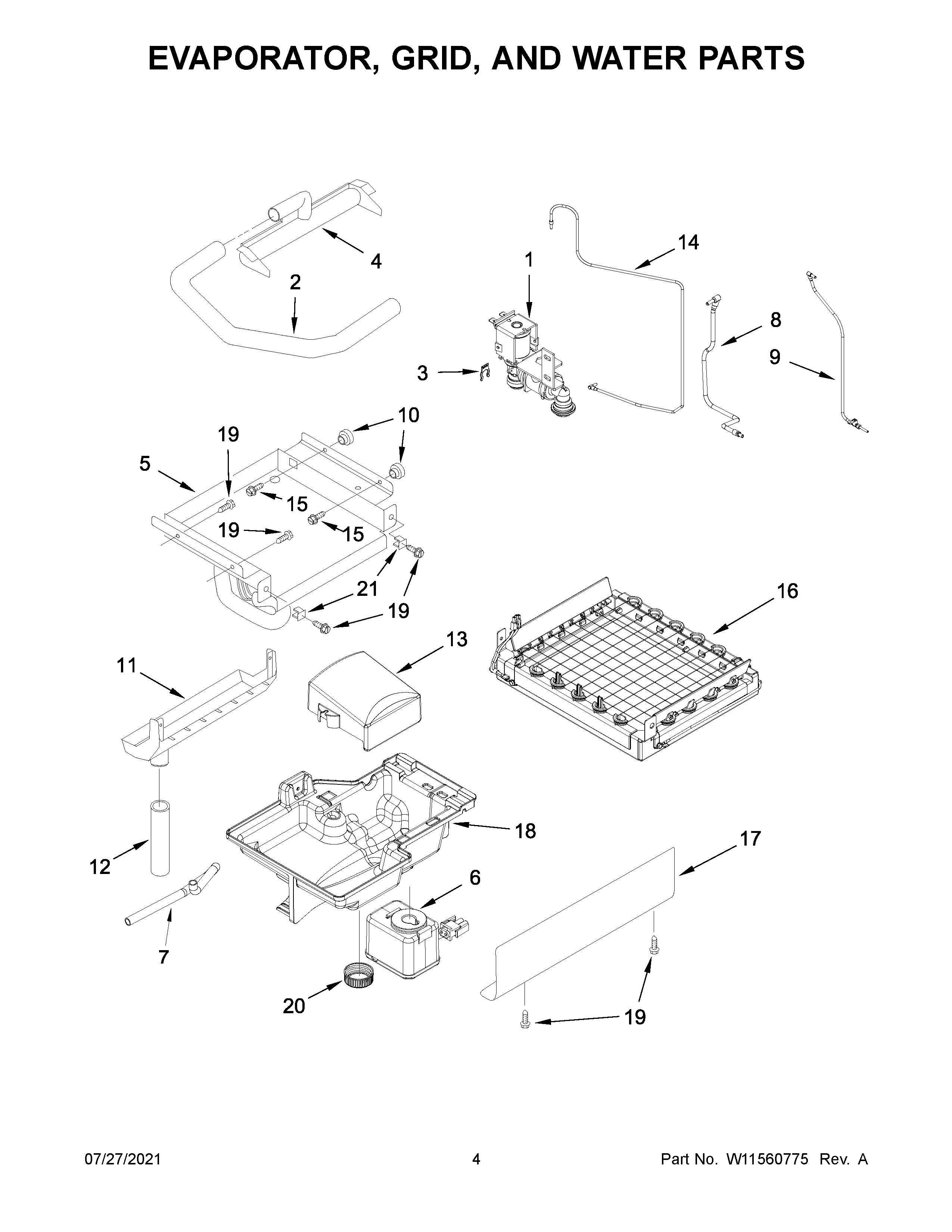 Evaporator, grid, and water parts