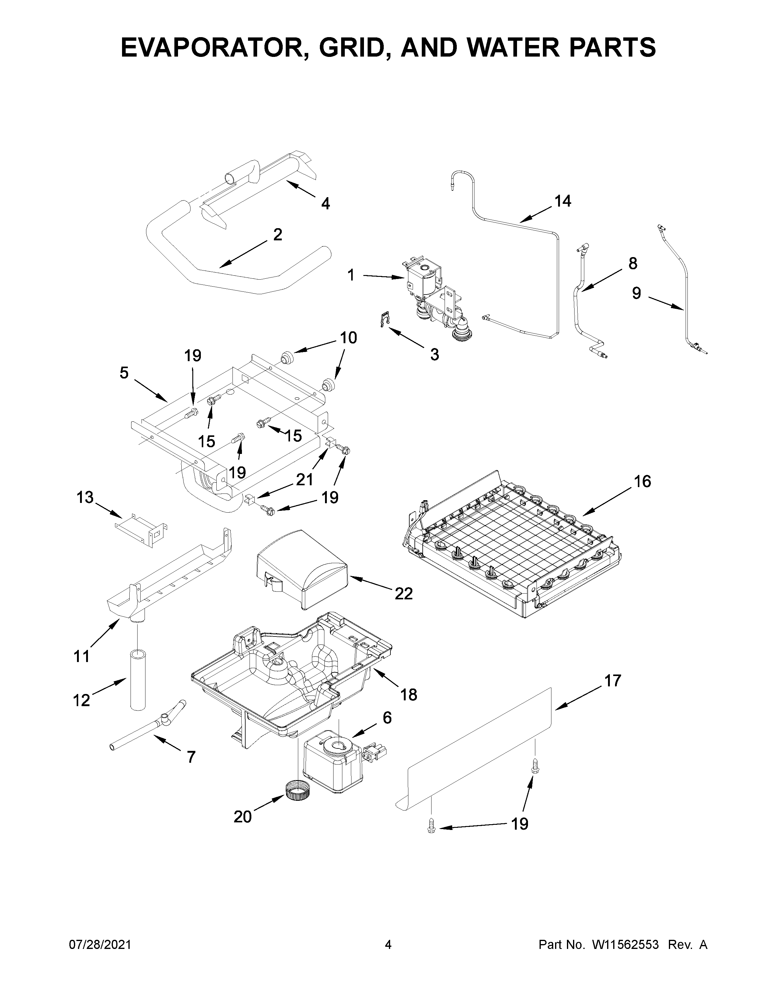 Evaporator, grid, and water parts