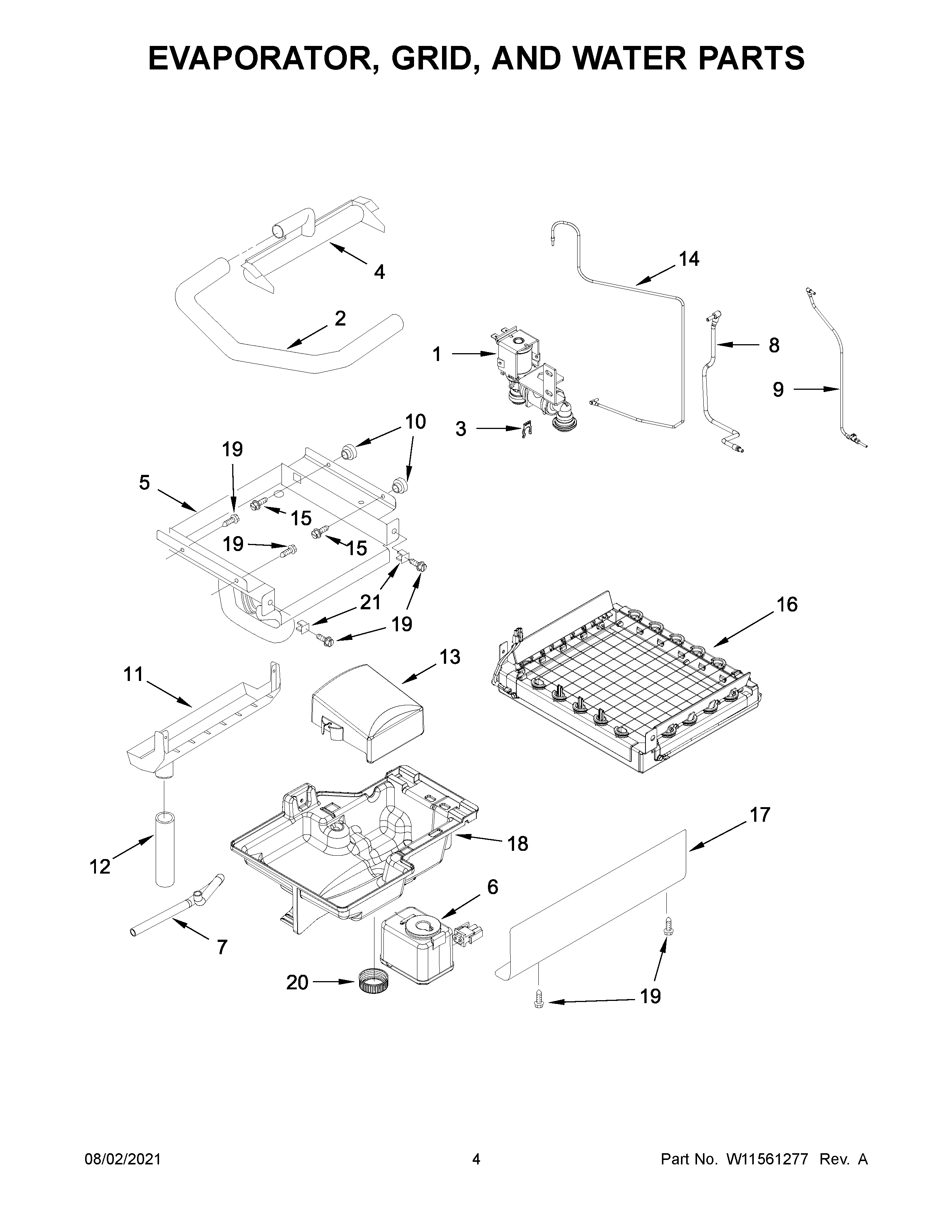 Evaporator, grid, and water parts