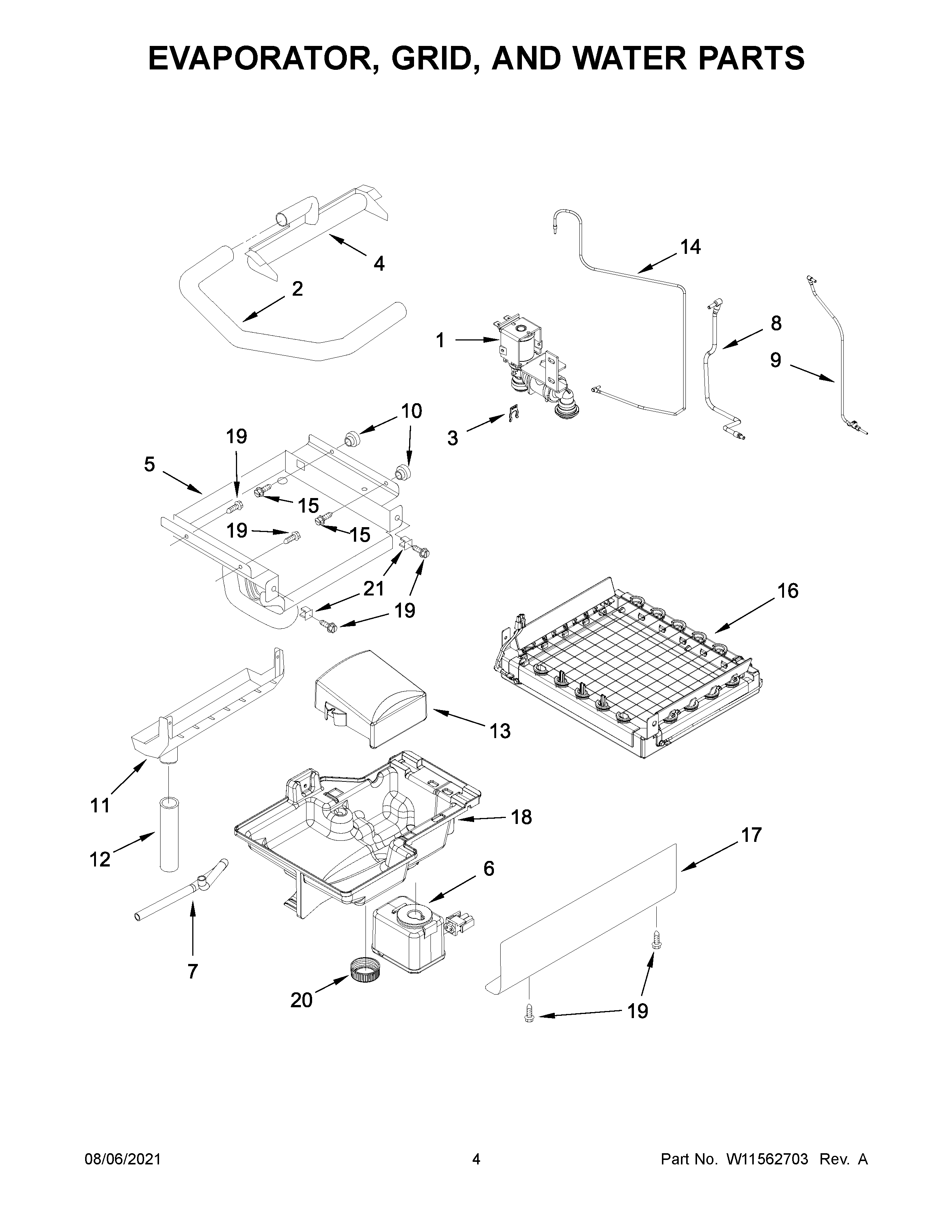 Evaporator, grid, and water parts