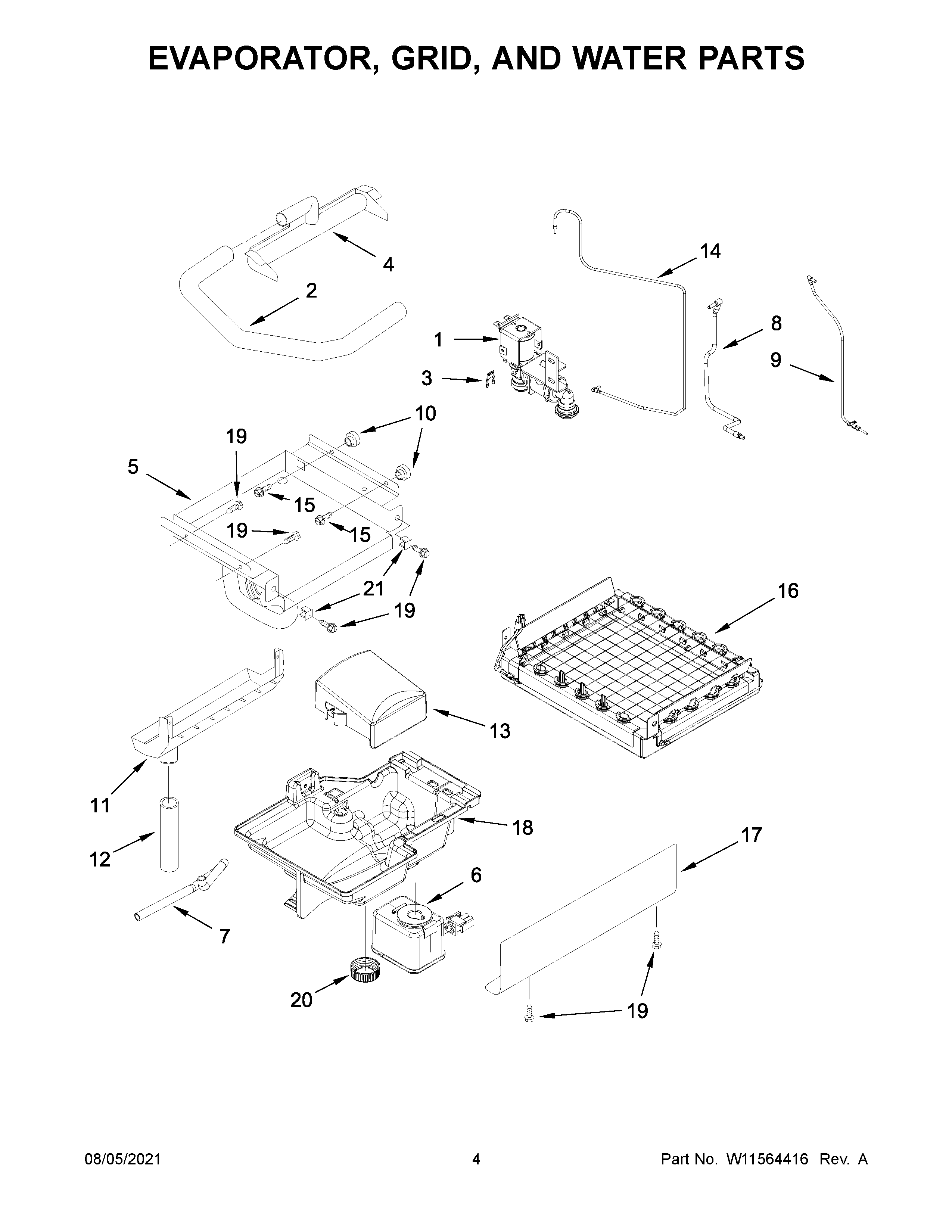 Evaporator, grid, and water parts