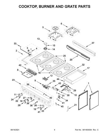 Cooktop, burner and grate parts
