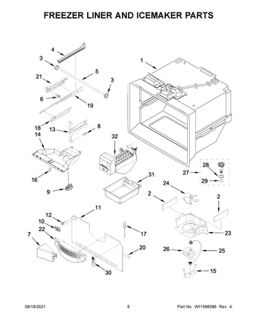 Freezer liner and icemaker parts
