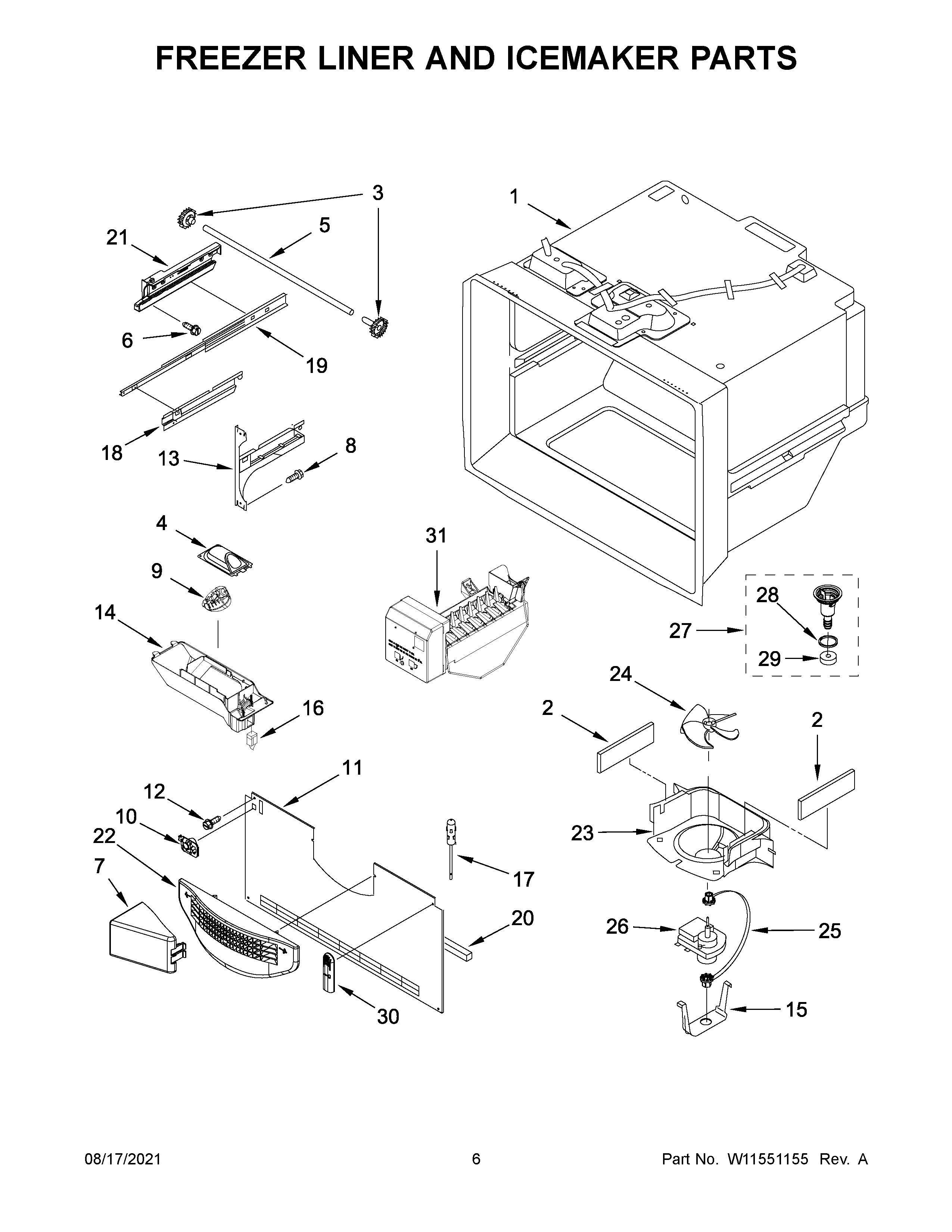 Freezer liner and icemaker parts