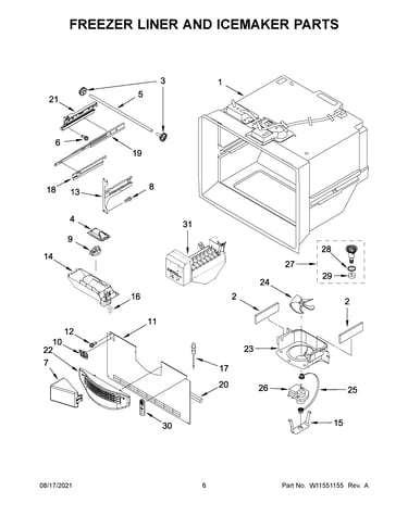 Freezer liner and icemaker parts