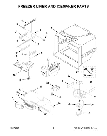Freezer liner and icemaker parts