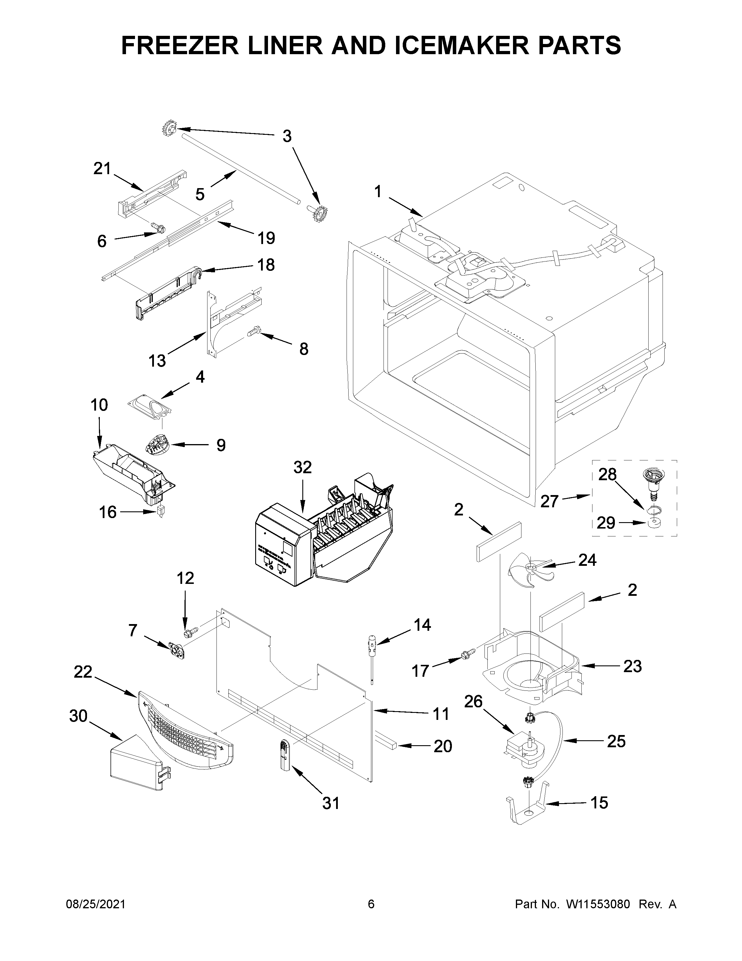 Freezer liner and icemaker parts