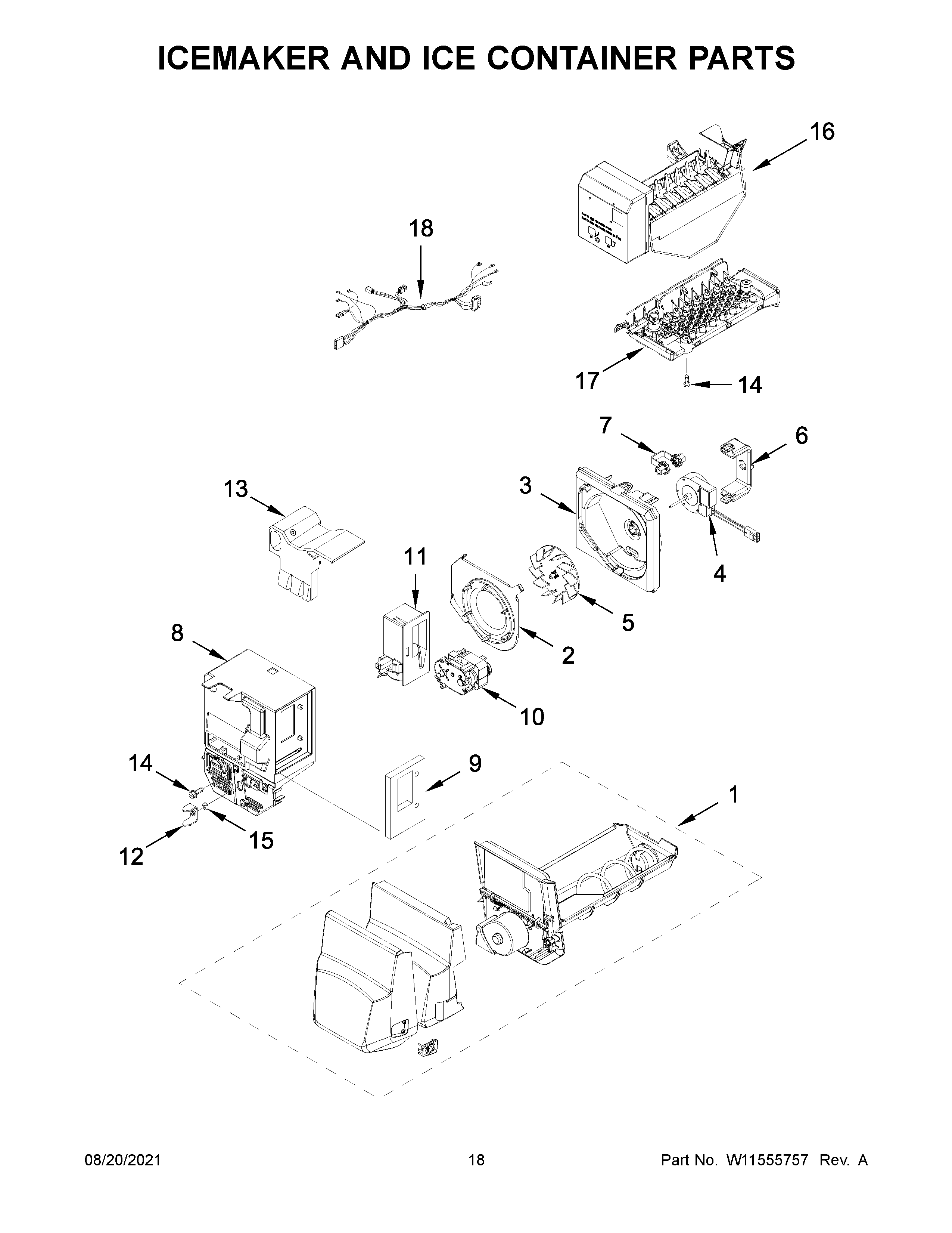 Icemaker and ice container parts