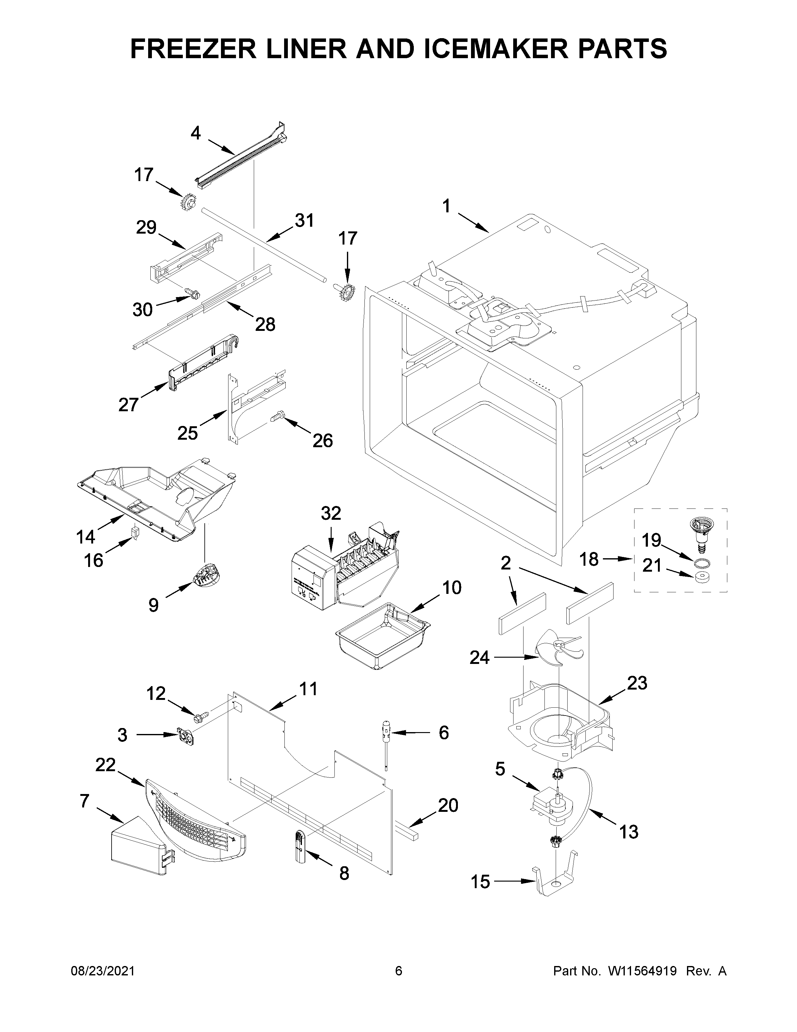 Freezer liner and icemaker parts