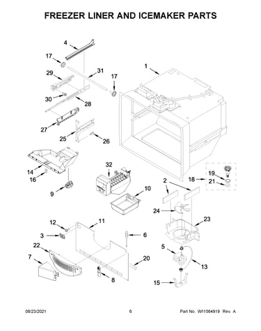 Freezer liner and icemaker parts