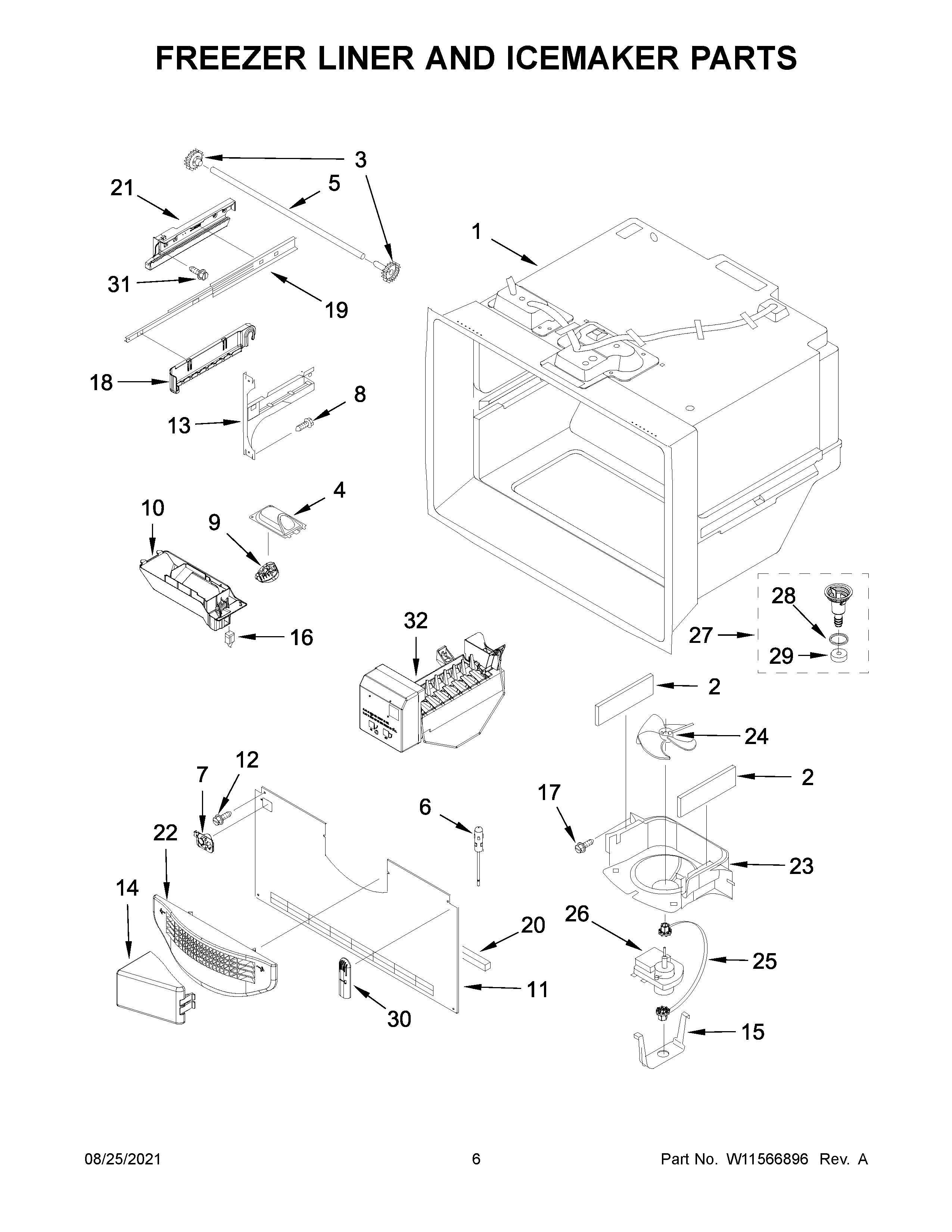 Freezer liner and icemaker parts