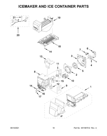 Icemaker and ice container parts