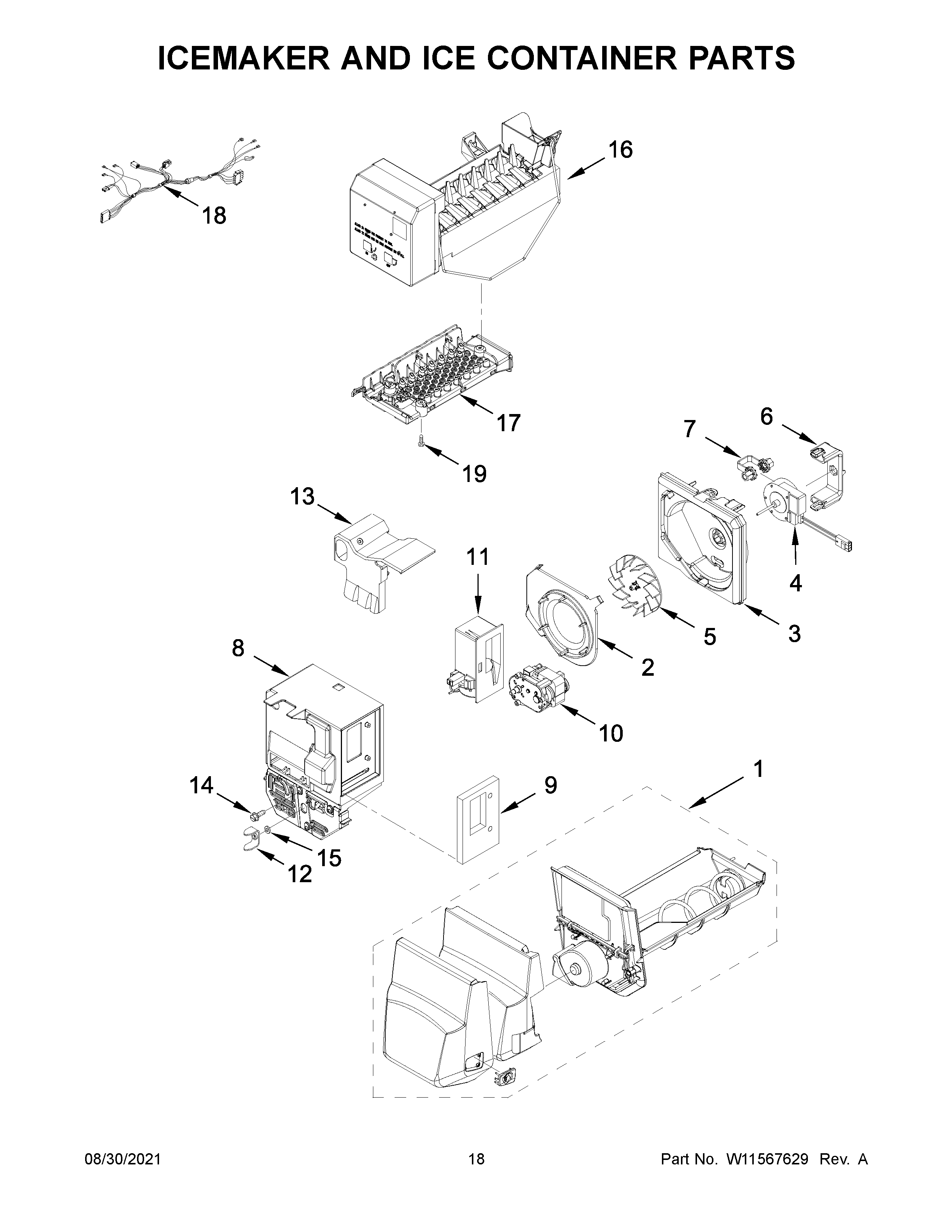 Icemaker and ice container parts