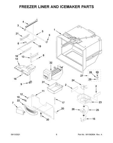Freezer liner and icemaker parts