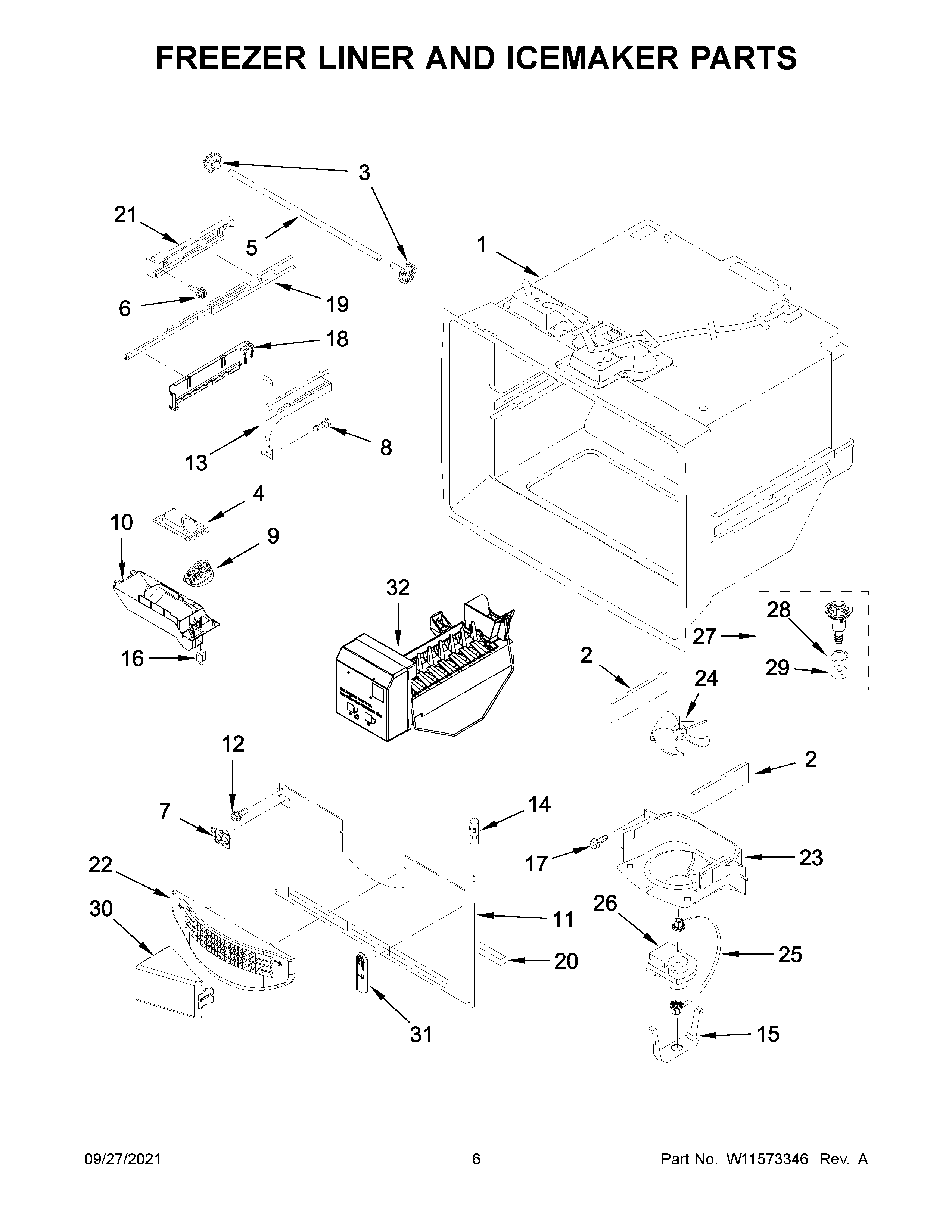 Freezer liner and icemaker parts