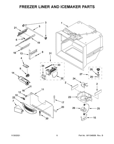 Freezer liner and icemaker parts