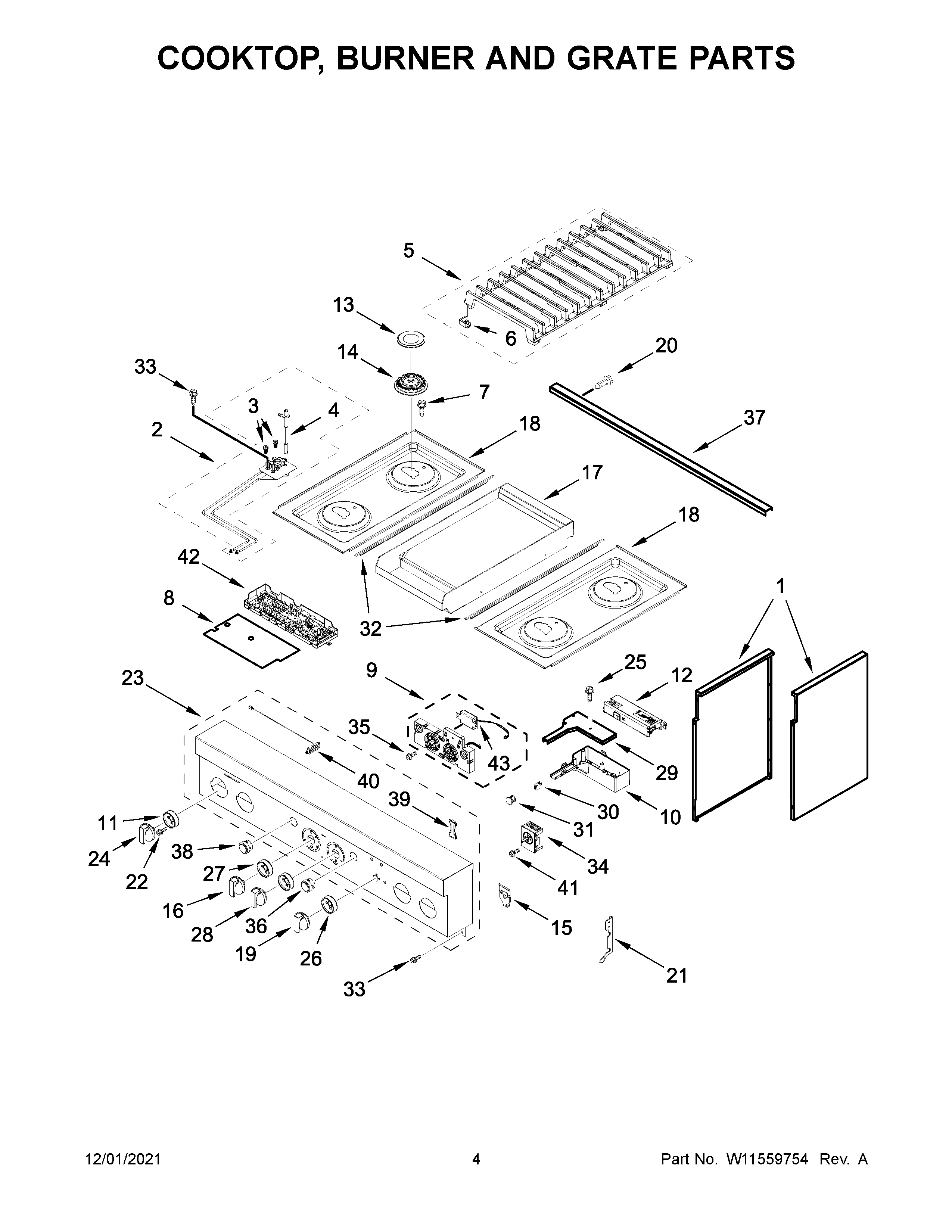 Cooktop, burner and grate parts