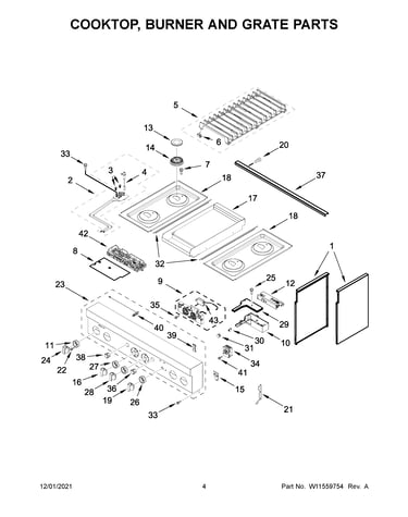 Cooktop, burner and grate parts