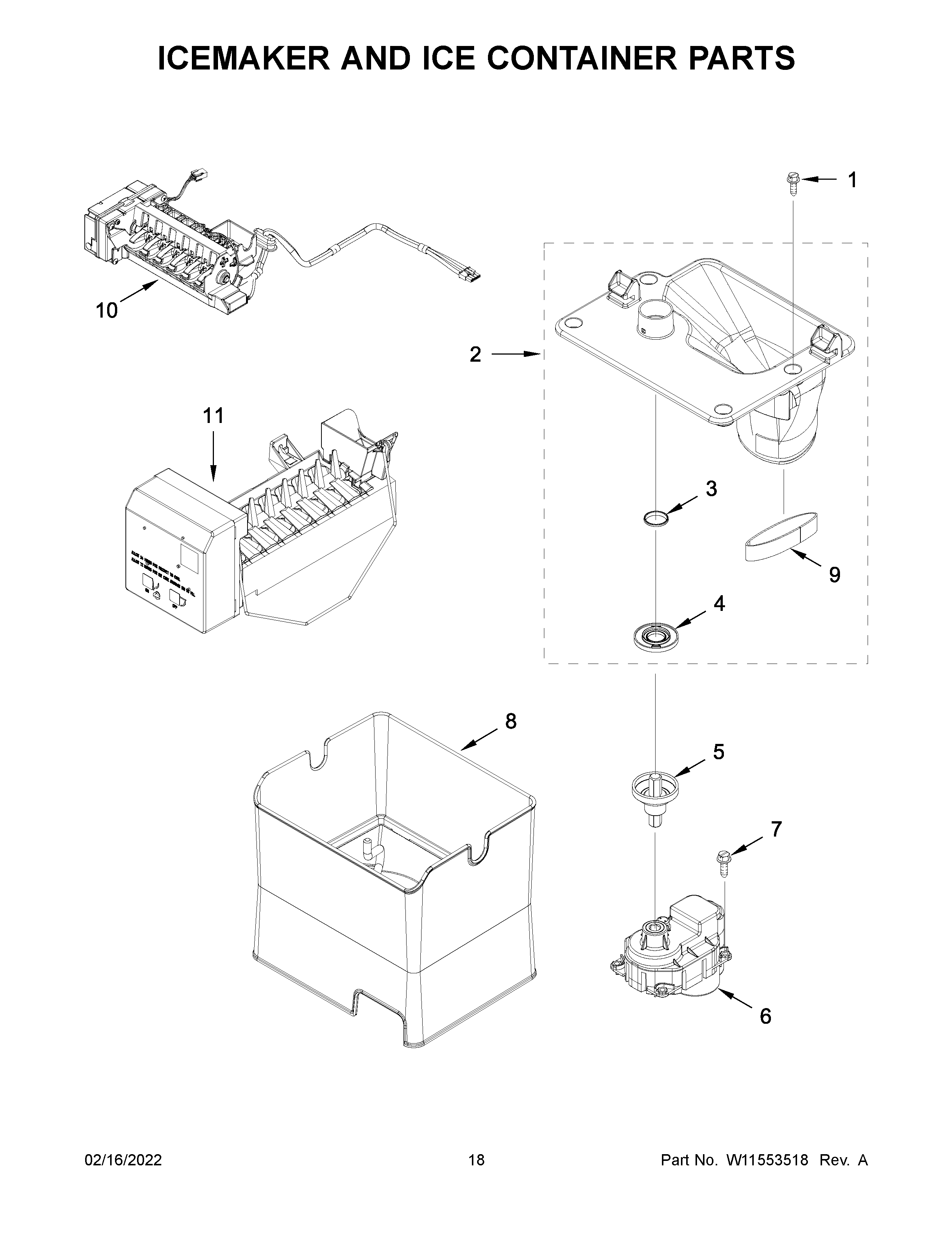 Icemaker and ice container parts