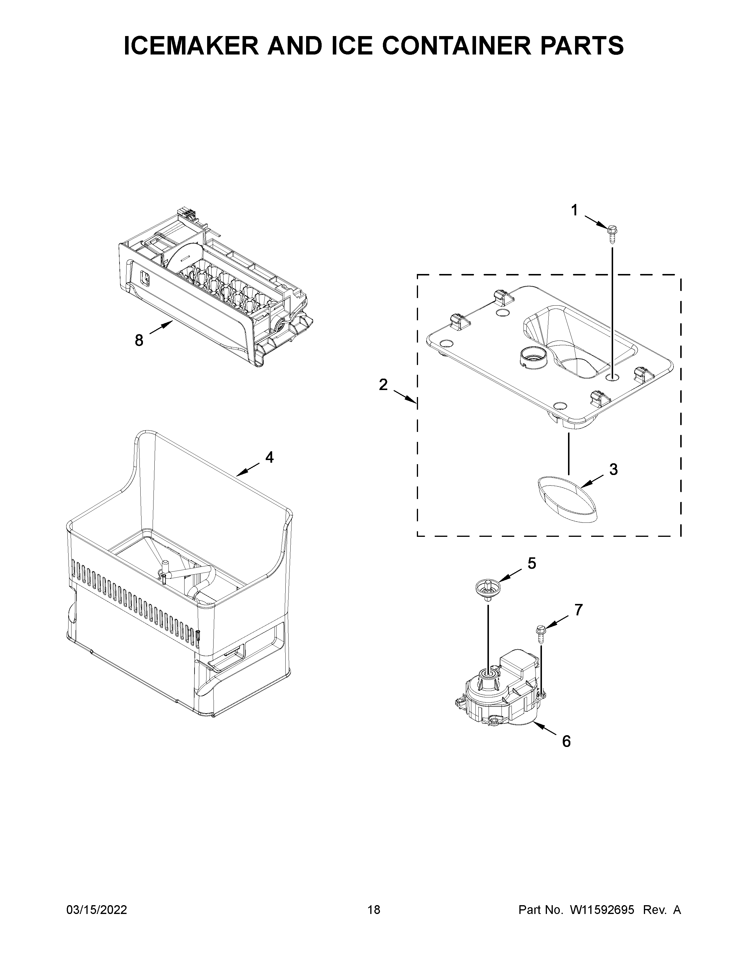 Icemaker and ice container parts