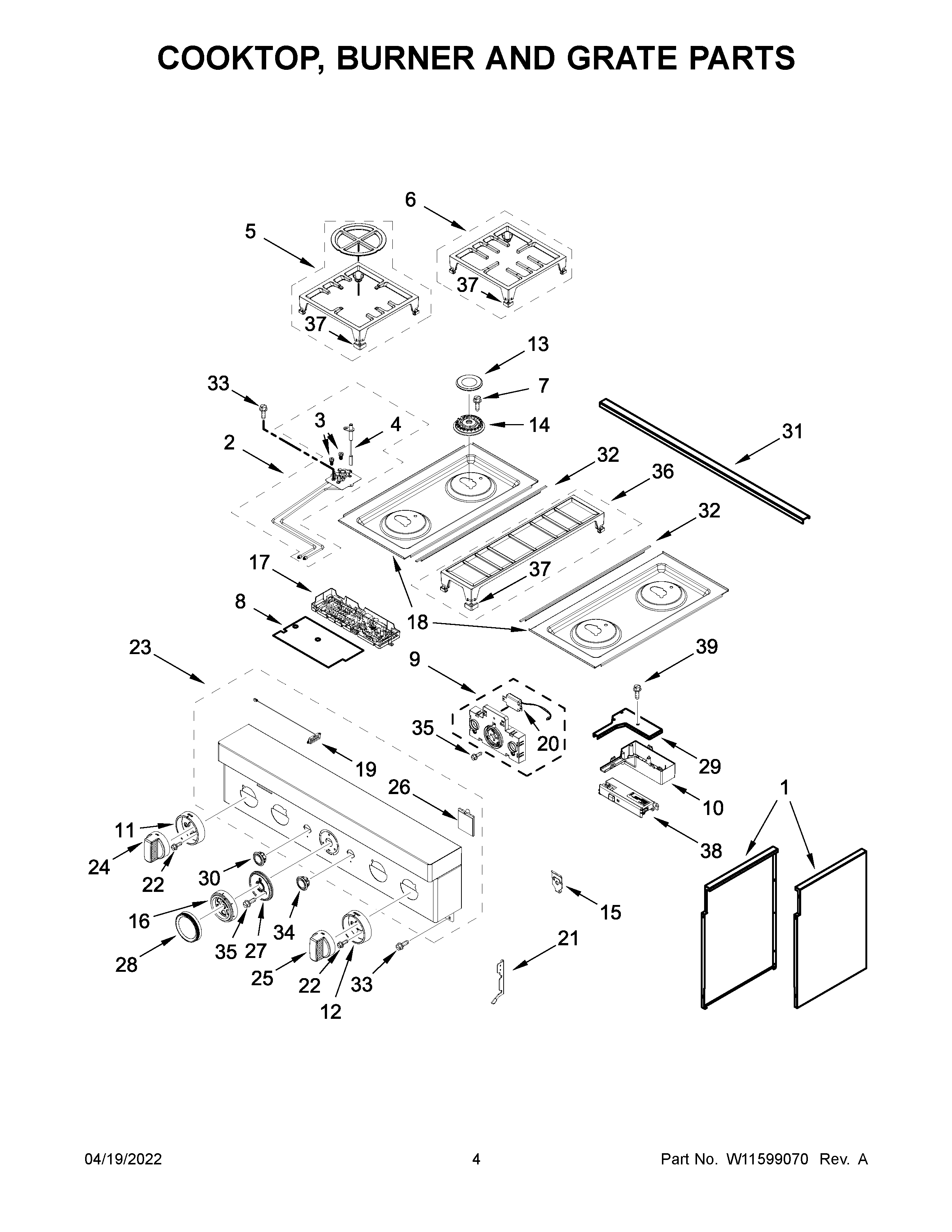 Cooktop, burner and grate parts