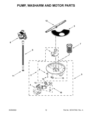 Pump, washarm and motor parts