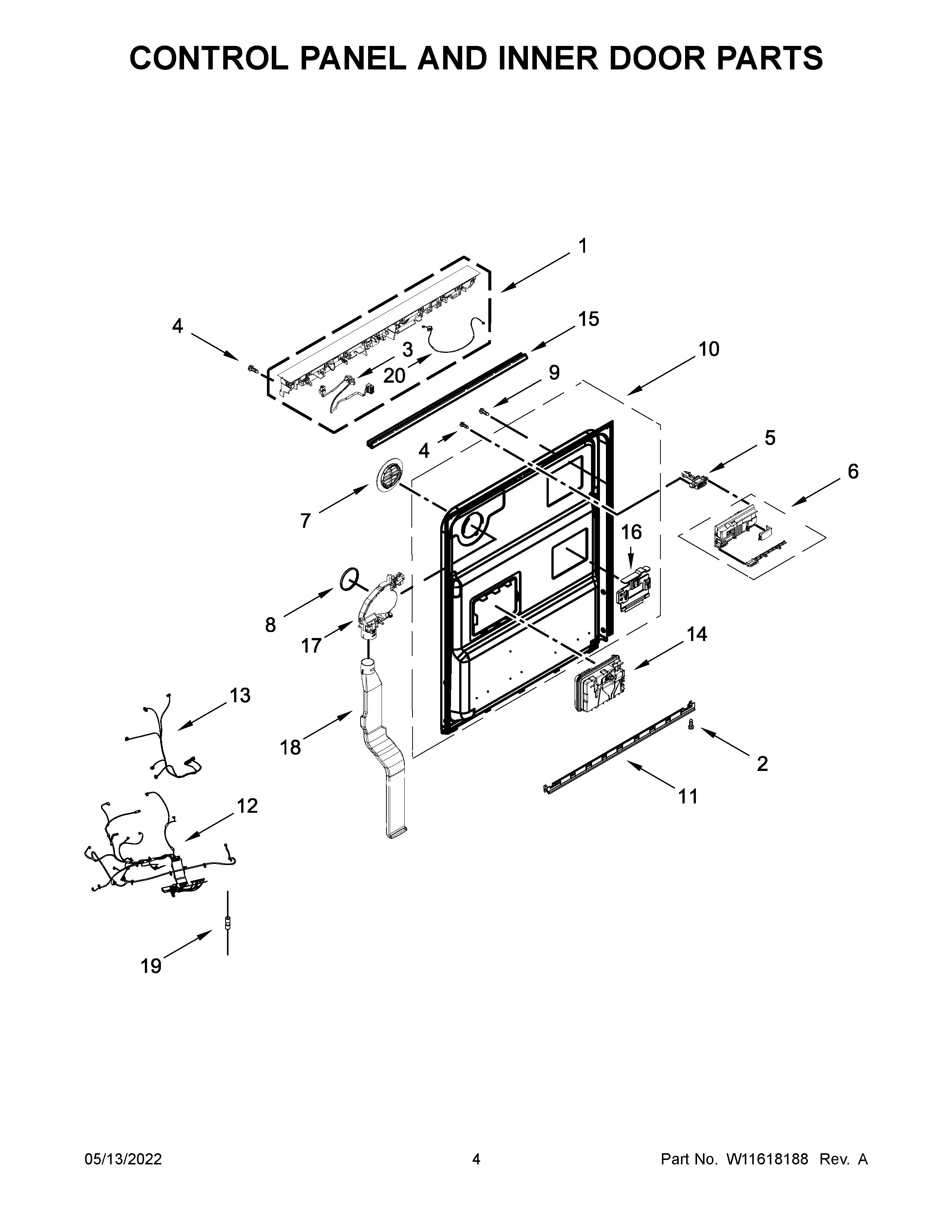 Control panel and inner door parts
