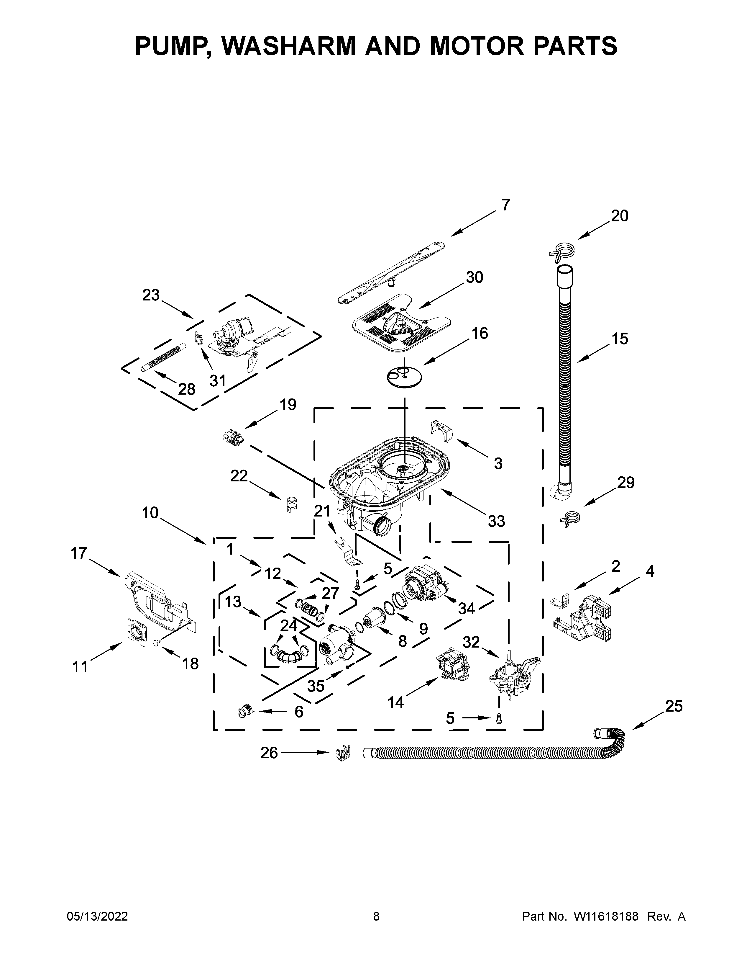 Pump, washarm and motor parts