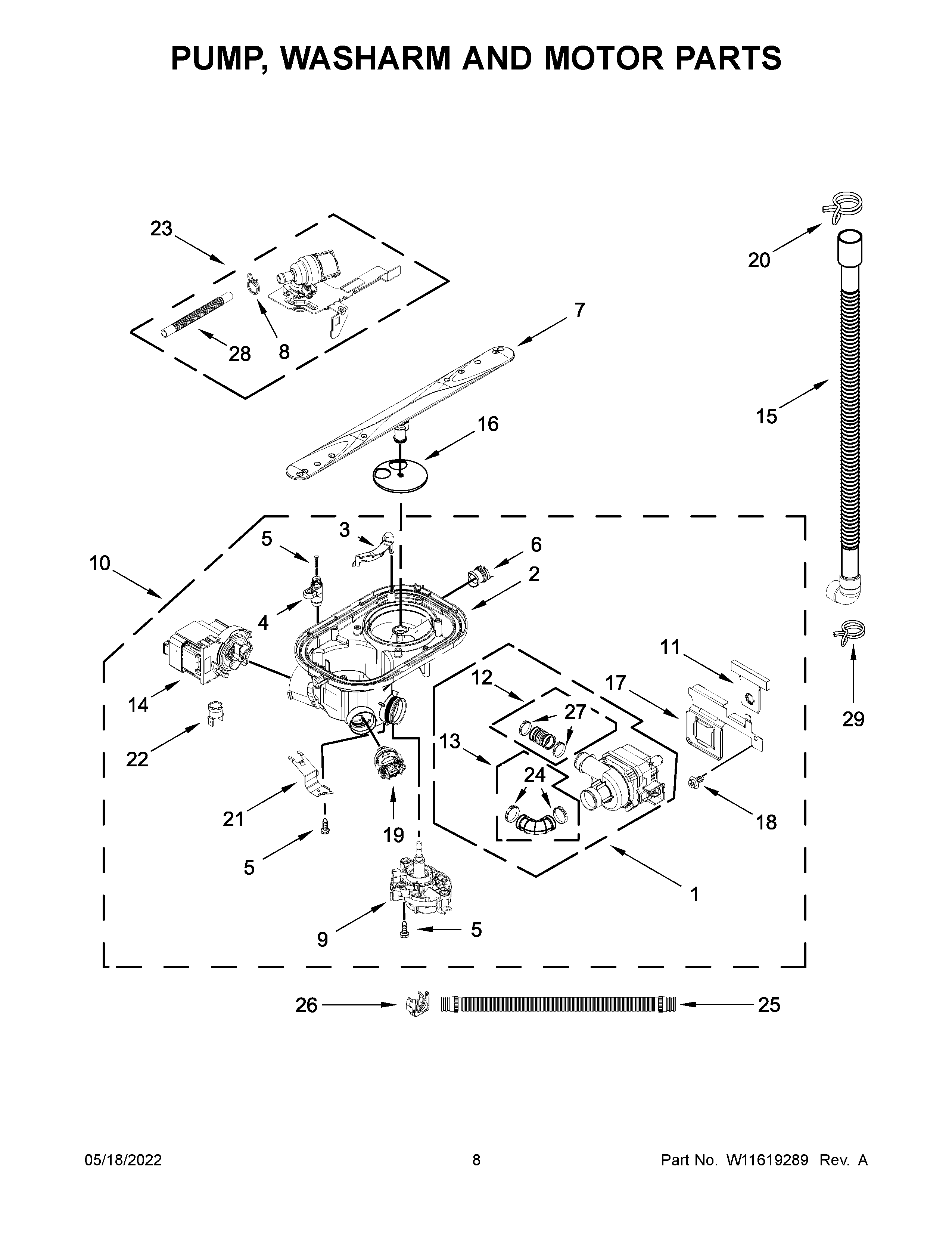 Pump, washarm and motor parts