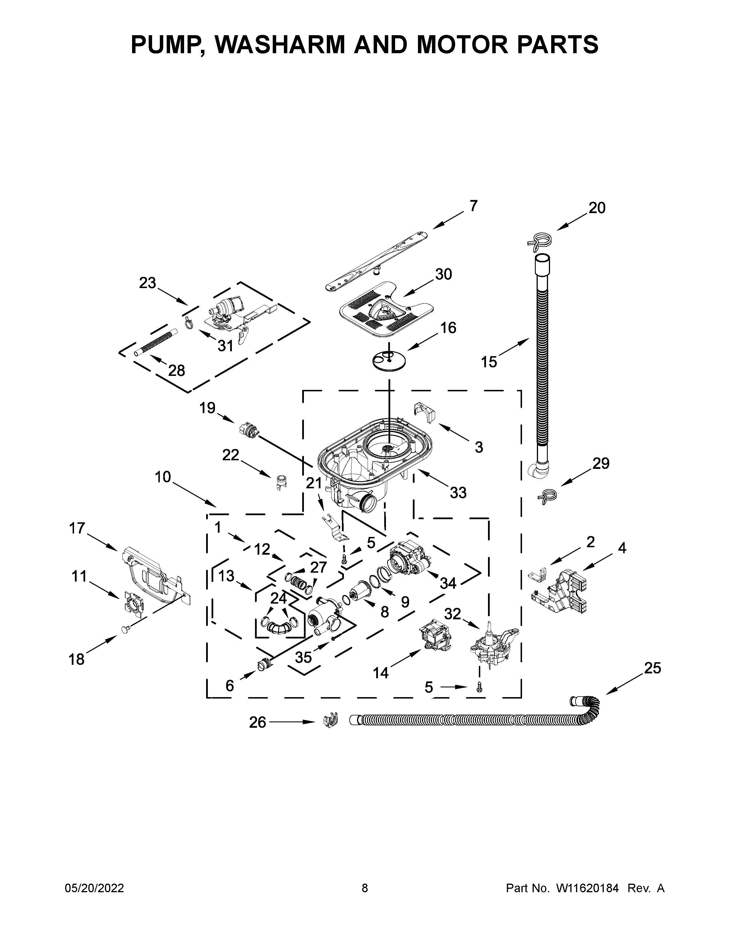 Pump, washarm and motor parts