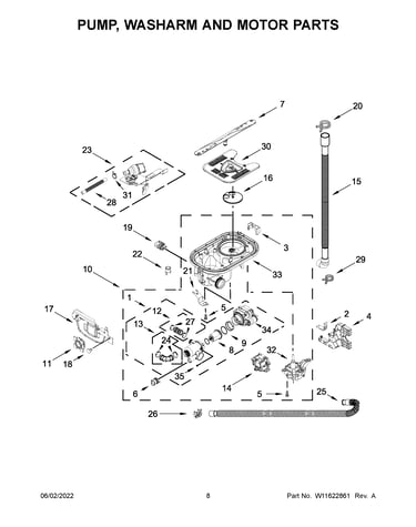 Pump, washarm and motor parts