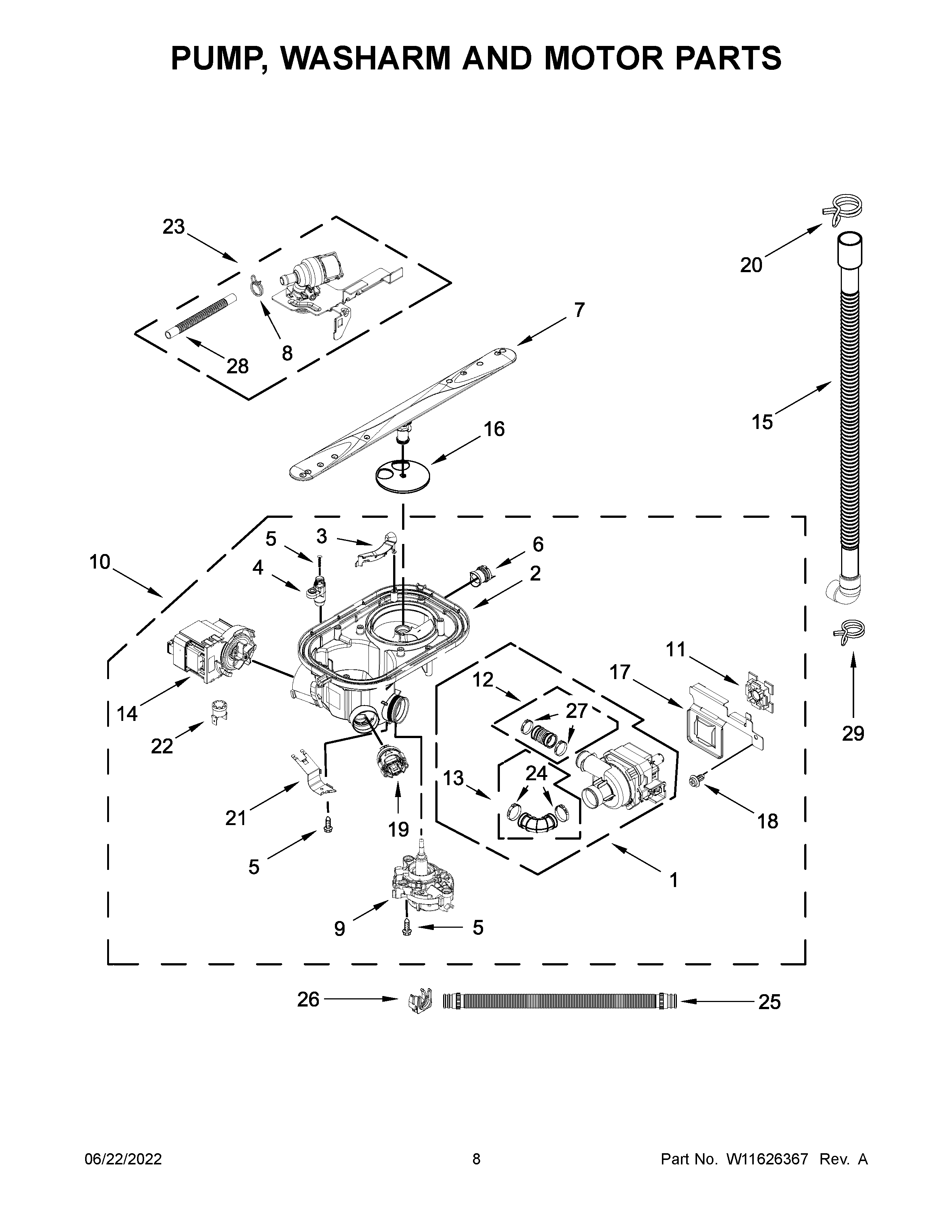 Pump, washarm and motor parts