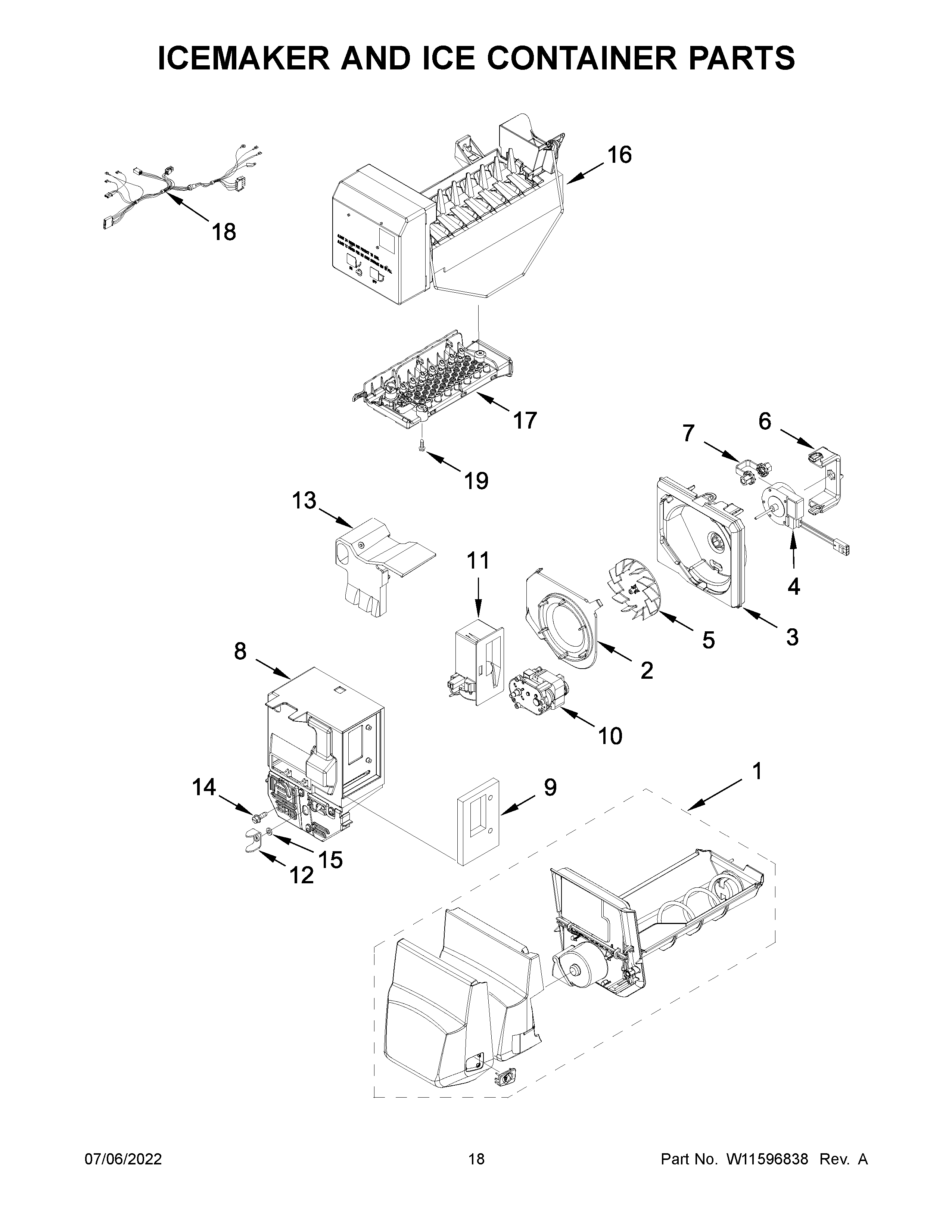 Icemaker and ice container parts