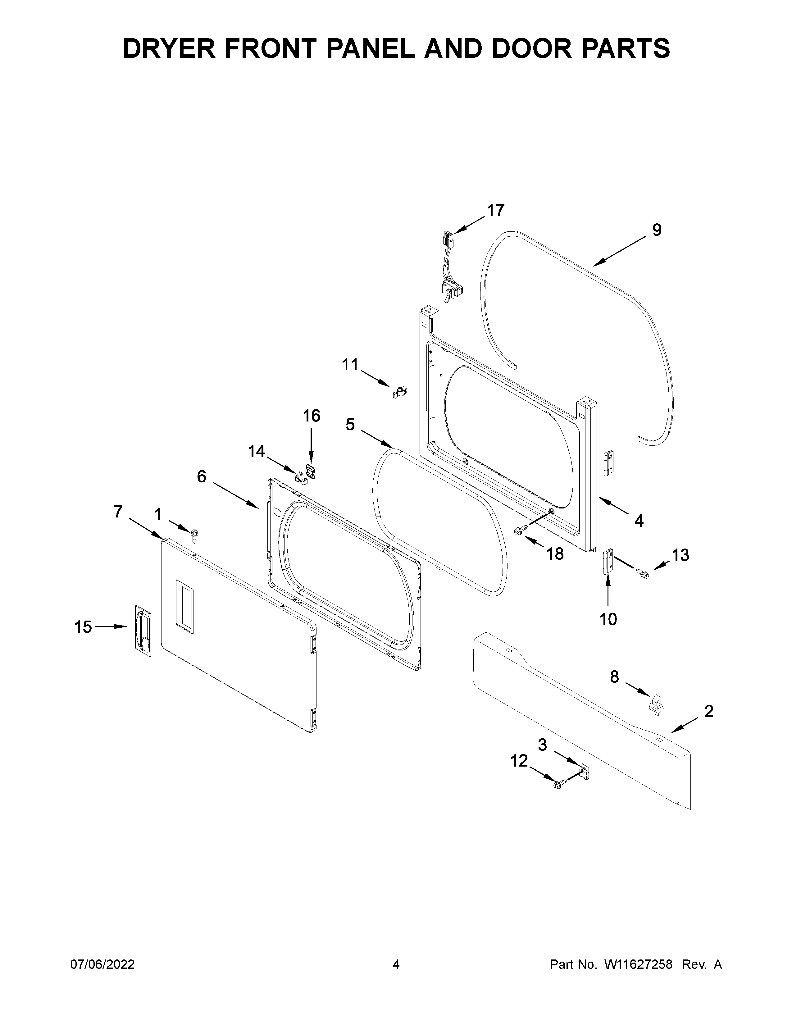 Dryer front panel and door parts