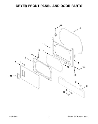 Dryer front panel and door parts